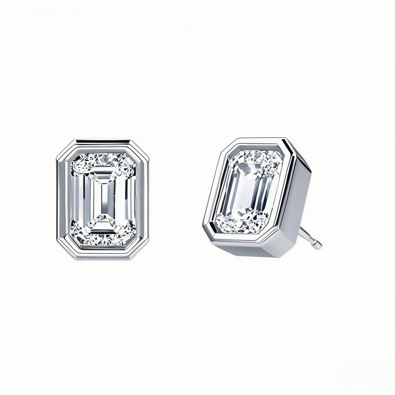 Luxury 18K Gold Plated Engagement Classic Bezel Emerald Moissanite Stud Earrings for Classic Gift Engagement Jewelry