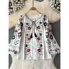 Retro Machine Embroidery Tops Women's 2024 Spring & Fall New V-neck Loose Slimming Lantern Sleeves Ethnic Style Shirt Fashion