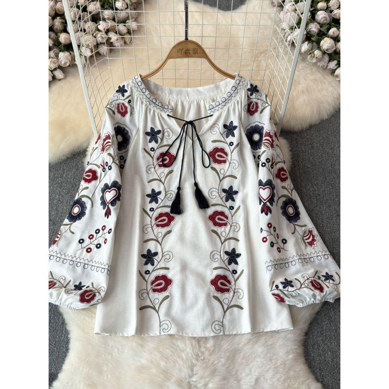 Retro Machine Embroidery Tops Women's 2024 Spring & Fall New V-neck Loose Slimming Lantern Sleeves Ethnic Style Shirt Fashion