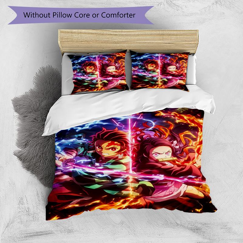 3pcs Demon Slayer Characters Pattern Bedding Set Duvet Cover Set Includes Duvet Cover &pillowcases, Perfect All Season Bedroom Decoration & Gift