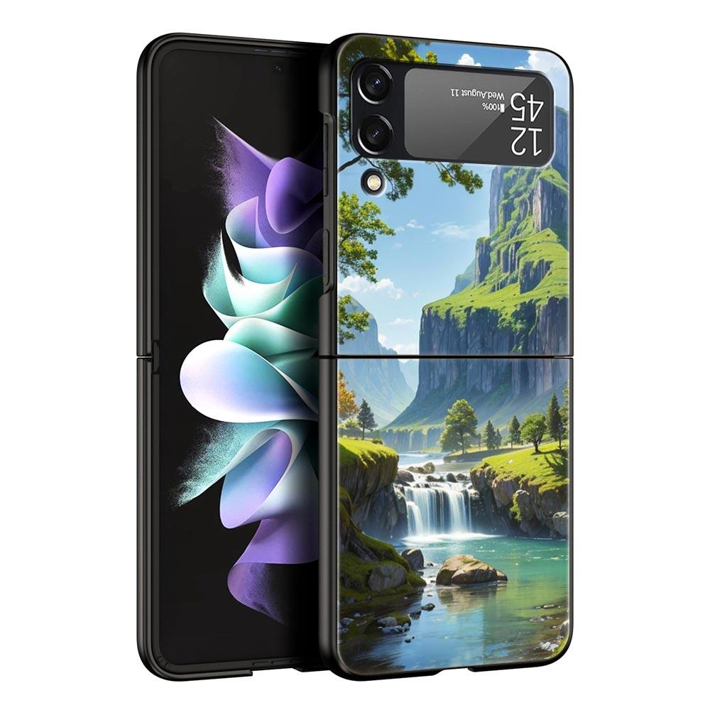 Landscape Art Phone Case For Samsung Galaxy Z Flip3 Flip4 Flip5 PC Bumper Shell For Z Flip 3 4 5 Black Hard Folding Back Cover