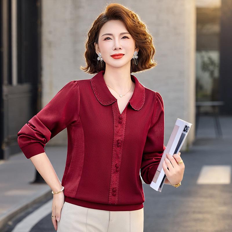 Frühling 2026 Damen Langarm-T-Shirt – Stilvolles Lässiges Hemd mit Kragen für Mütter mittleren Alters und ältere Mütter