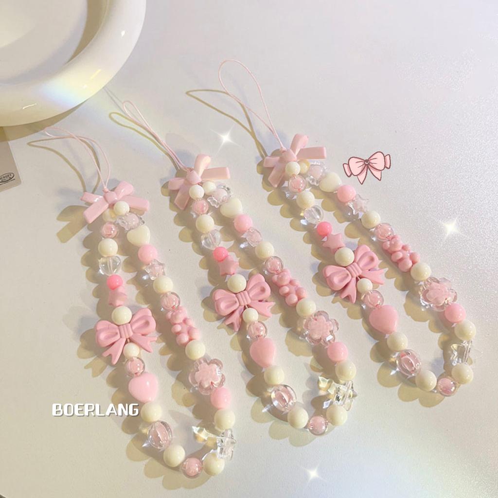 Bowknot Beaded Mobile Phone Chain Charm Acrylic Heart Beaded Pendant Phone Hanging Lanyard Strap Women Girls Sweet Accessories