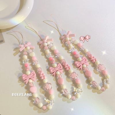 Cadena para teléfono móvil con cuentas y lazo, colgante acrílico con cuentas de corazón, cordón colgante para teléfono, correa para mujeres y niñas, accesorios dulces