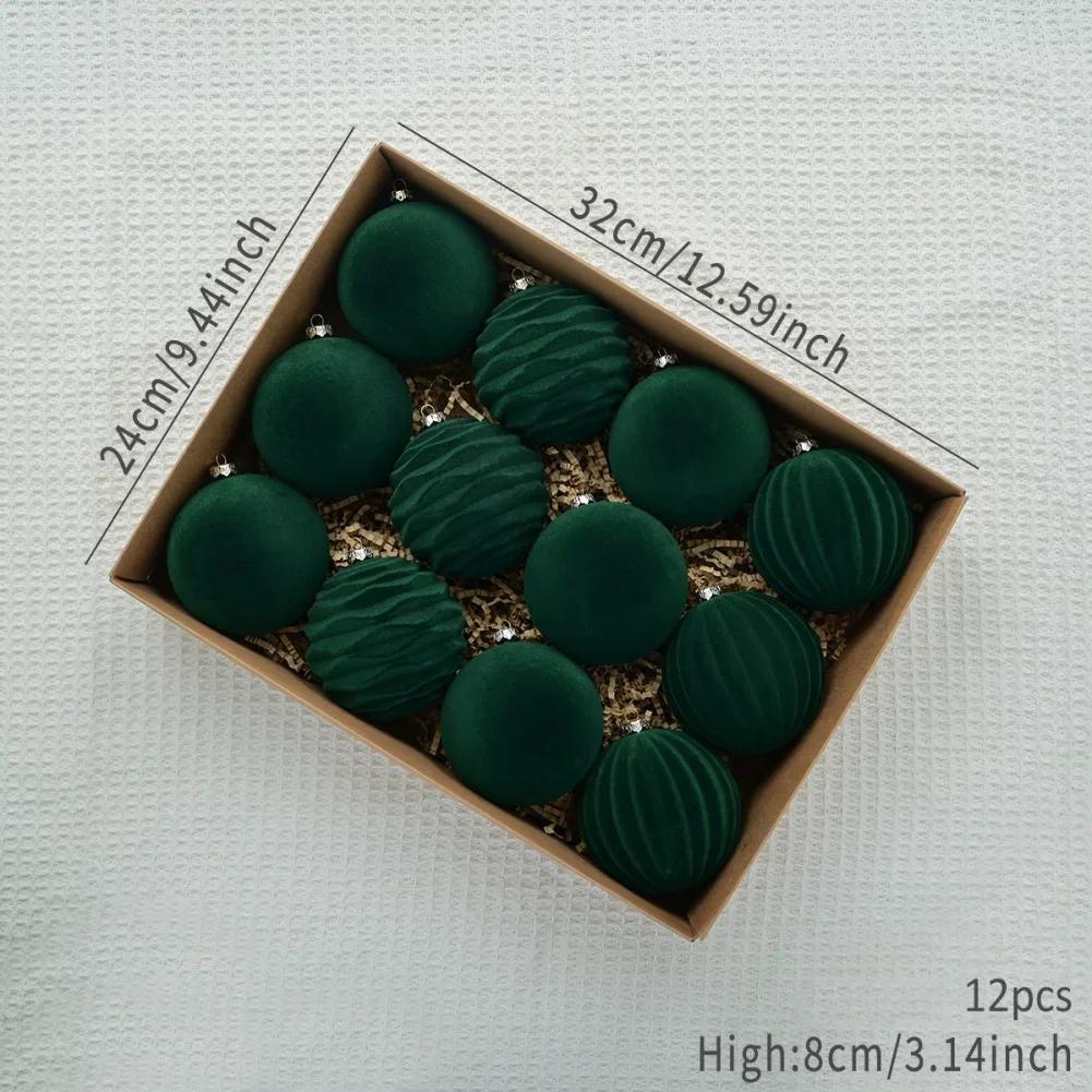 New 12Pcs/Box 8cm Velvet Christmas Ball Pendant Xmas Tree Ornament with Hanging Loop Christmas Hanging Decoration for Home Party