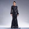Elegant Long-Sleeve Sequined Evening Gown with Round Neck