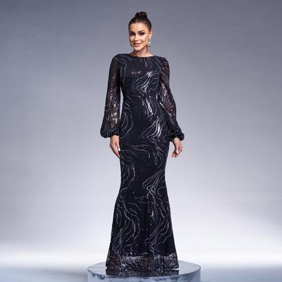 Elegantes langärmeliges Pailletten-Abendkleid mit Rundhalsausschnitt