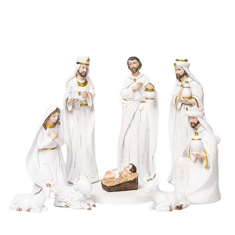 Nativity Scene Figurines Family And Angel Statue 9X Construction Indoor Resin Holiday Decor Indoor Sculpture For Religious Decor