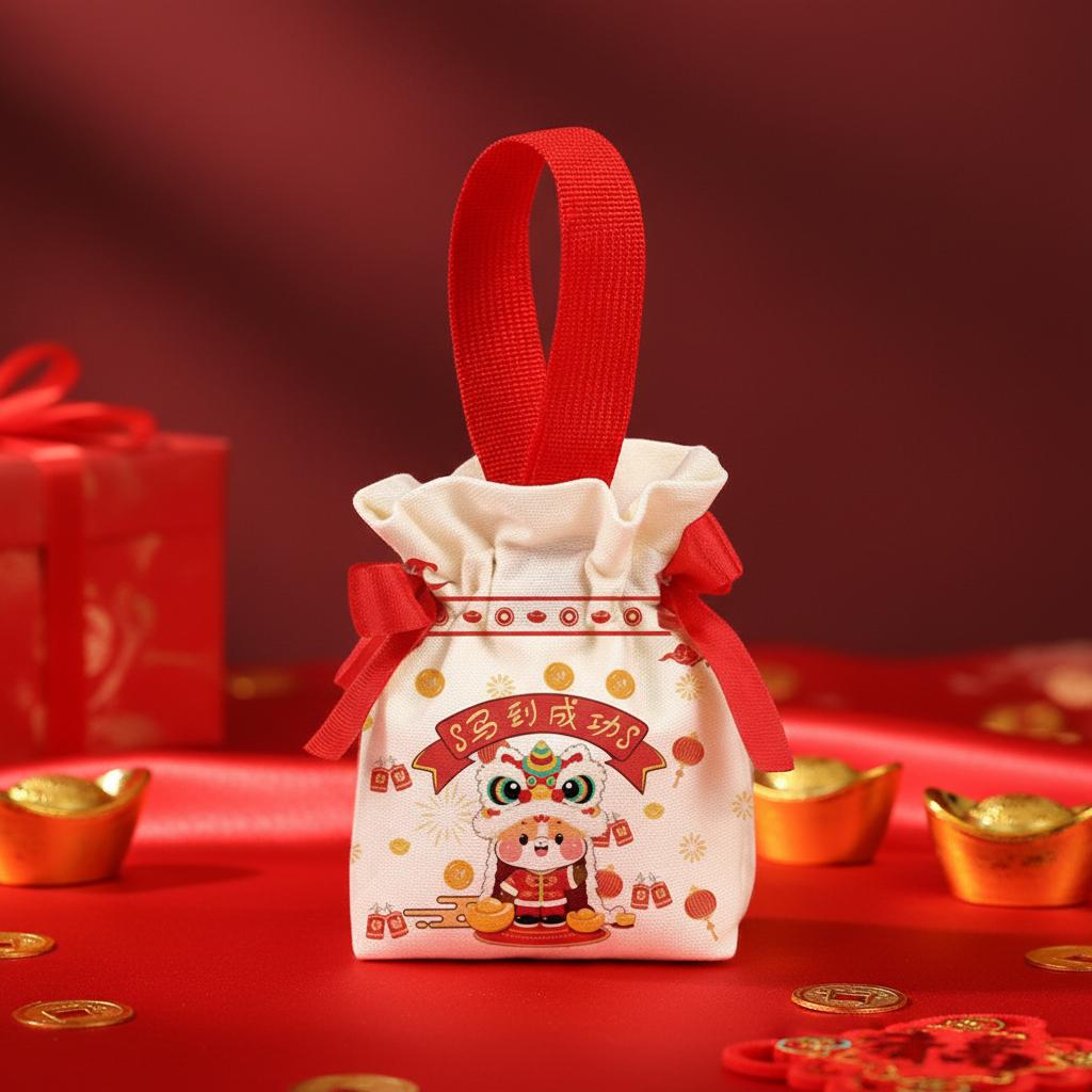 2026 New Year Cartoon Horse Year Handbag Canvas Portable Wedding Candy Storage Bag Chinese Style Blessing Gift Bag