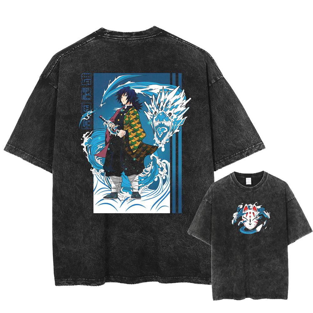 Men Streetwear Summer Rengoku Kyoujurou Top Tee Harajuku Anime Demon Slayer Printed T-shirt Vintage Washed Oversized Tshirt