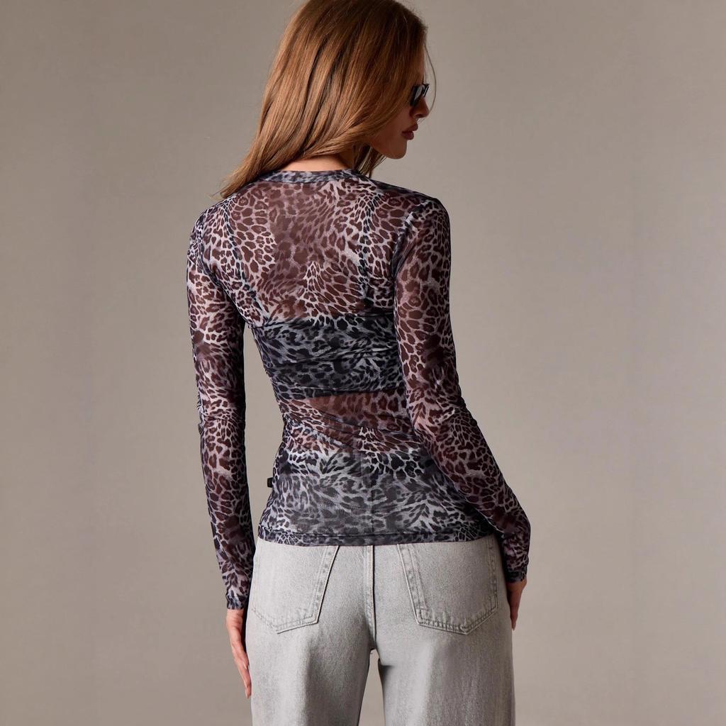Spring Mesh Round Neck Leopard Print Slim Flattering T Shirt Women Fashion Daily Basic Office Lady Casual Slim Fit Ladies Elegant Long Sleeve Top