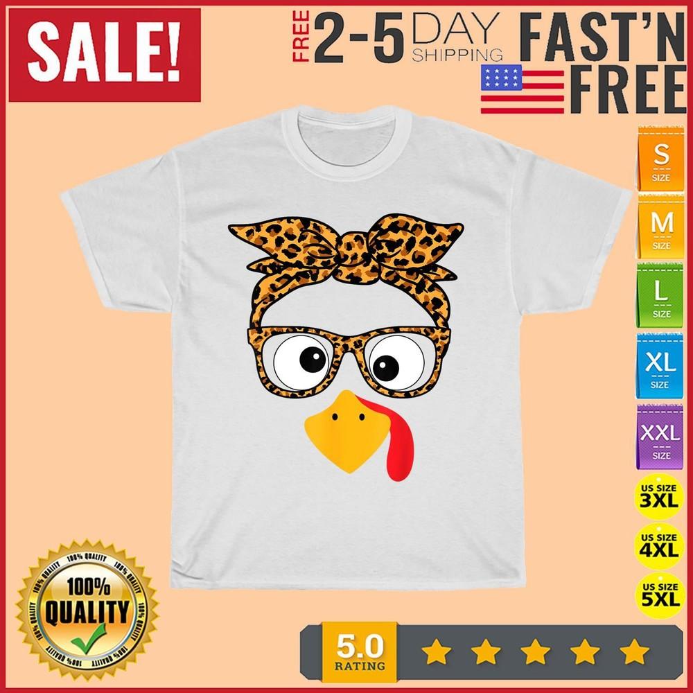 

Thanksgiving Turkey Face Leopard Print Glasses Autumn Fall T Shirt Men Women Kid S