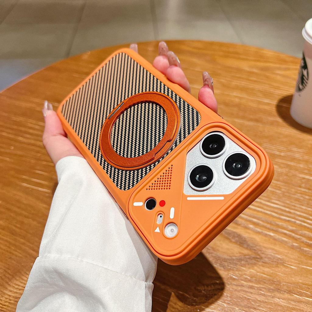 iPhone 17 Pro Carbon Fiber Texture Case with 360° Rotating Magnetic Stand & Skin-Feel Protection
