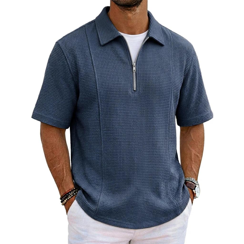 Men’s Short Sleeve Polo Shirt with Zipper Collar Knit Casual Fit Lightweight Top for Daily Wear