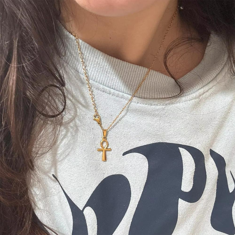 Religion Egyptian Ankh Crucifix Necklaces Gold Color Cross Charm Choker Stainless Steel Symbol of Life Jewelry Gifts Women Men