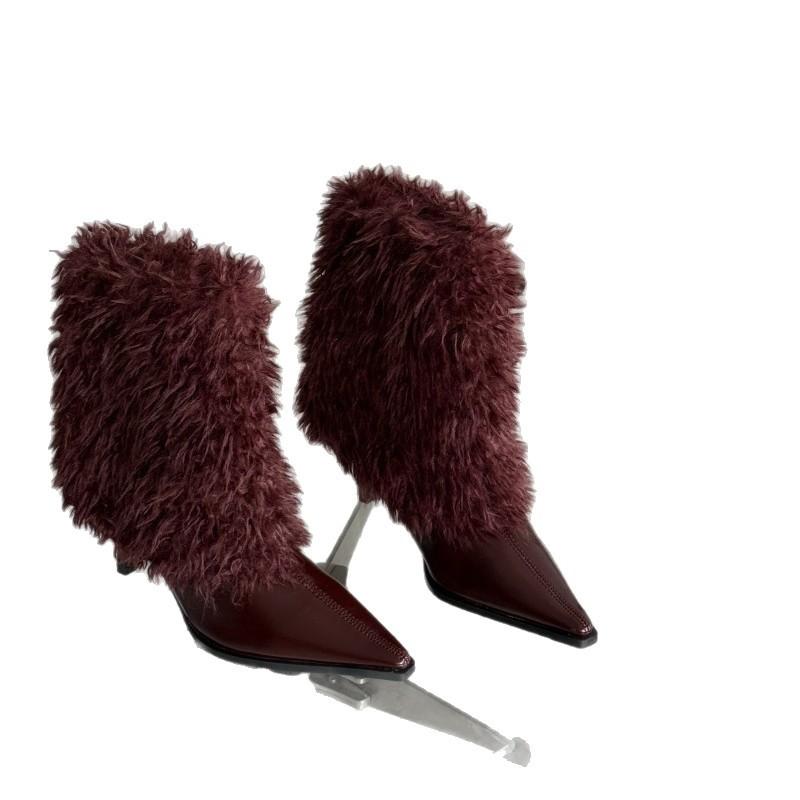 2025 neue Herbststiefel Damenmode Temperament Europäischer und Amerikanischer Stil spitz Damenstiefel dünner Absatz mittlerer Absatz haarige Kurzstiefel Damen