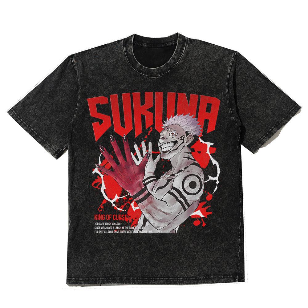 Men Anime Graphic Print T-Shirts Hip Hop Streetwear Washed V S