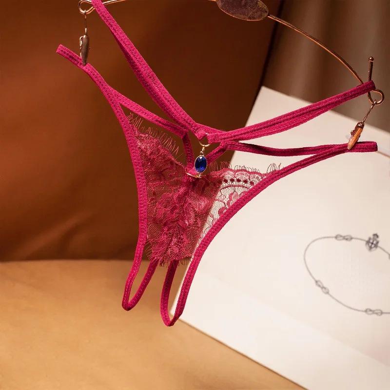 Sexy Lingerie Women Transparent G-strings Thongs Crotch Opening Lace Panties with Bowknot for Ladies