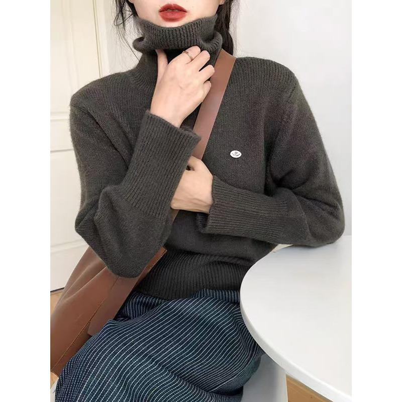 

водолазка пуловер женский осень и зима новый свободный ретро ленивый стиль вязаный свитер топ внутренний женский One Size