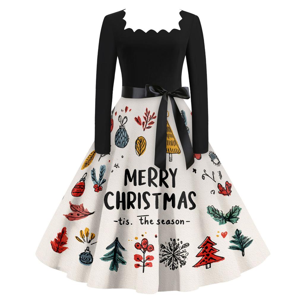 Women's Casual Fashion V Neck Christmas Printed Vintage Dress