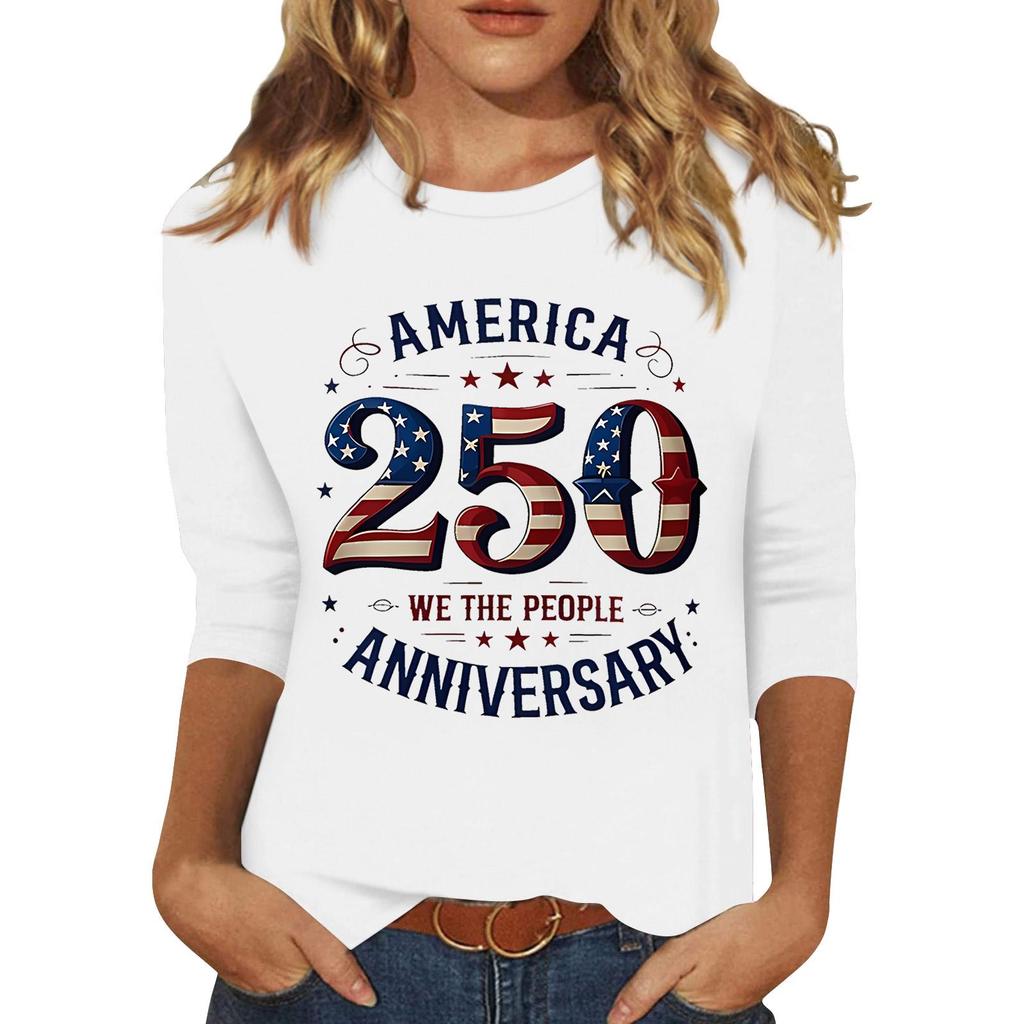Women's Fashionable Casual Three-Quarter Sleeve 250th Anniversary Independence Day Print Neck Sweater