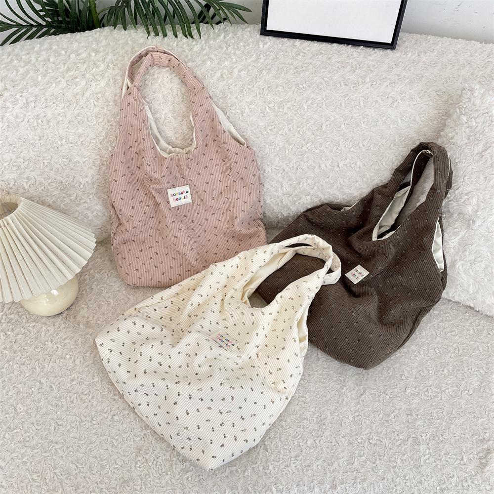 Korean Women Autumn and Winter Corduroy Shoulder Bag Shopping Bag Books Tote Female Eco Handbag Reusable Grocery Shopper Purse