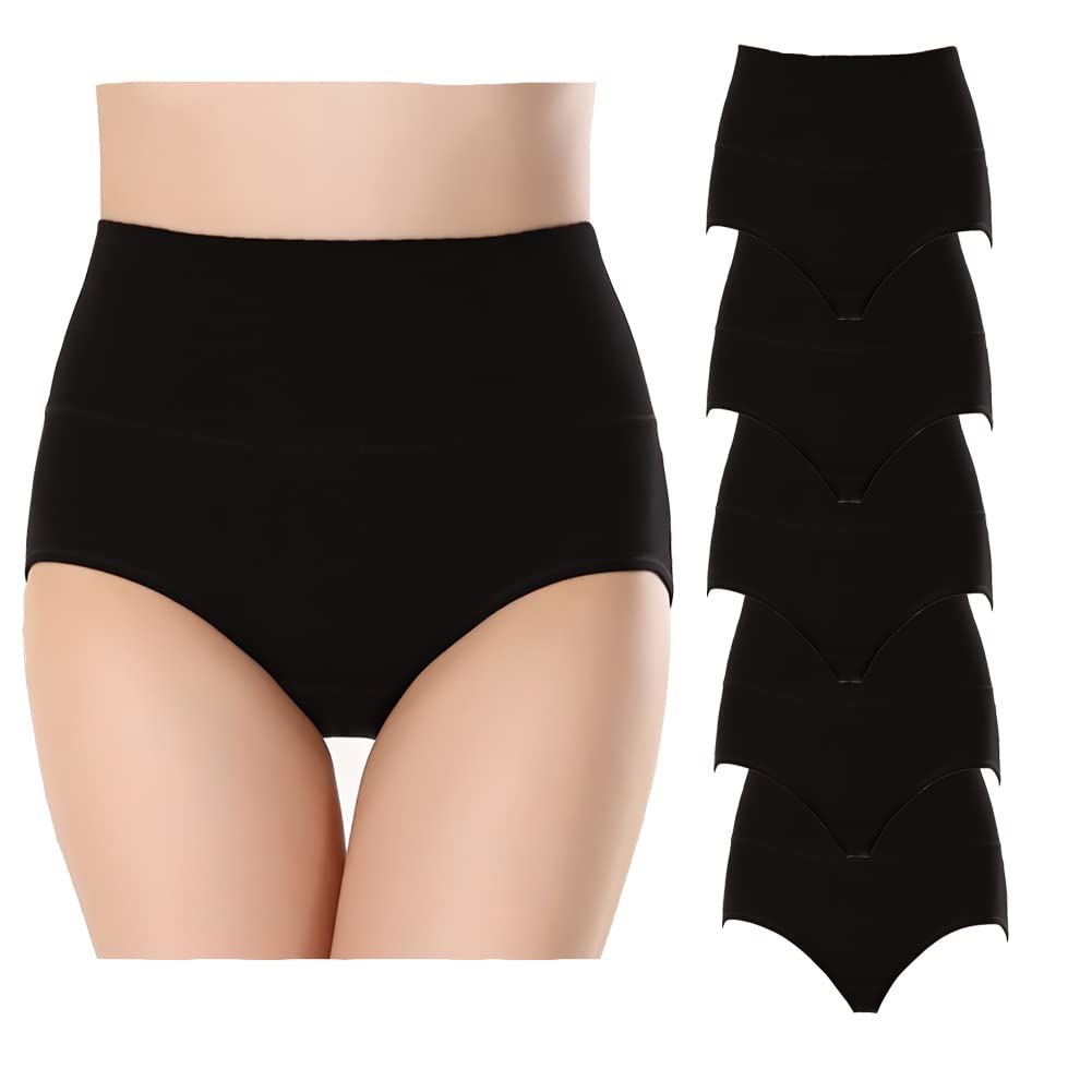 HINICE Floral Comfortable Comfortable Deep Women's High-Waisted Panties, 100% Cotton, Print, Fit, Fit, Hip-Hugging, Fit, 5-Pack (L, Black)