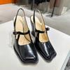 Fashion Fashion Black Patent Leather Mary Janes Slingbacks Women Pumps Spring Summer Wave Toe Chunky High Heels Office Lady Daily Shoes