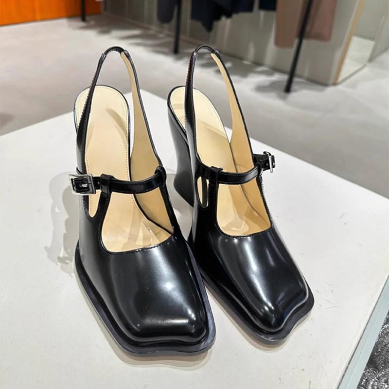 Fashion Fashion Black Patent Leather Mary Janes Slingbacks Women Pumps Spring Summer Wave Toe Chunky High Heels Office Lady Daily Shoes