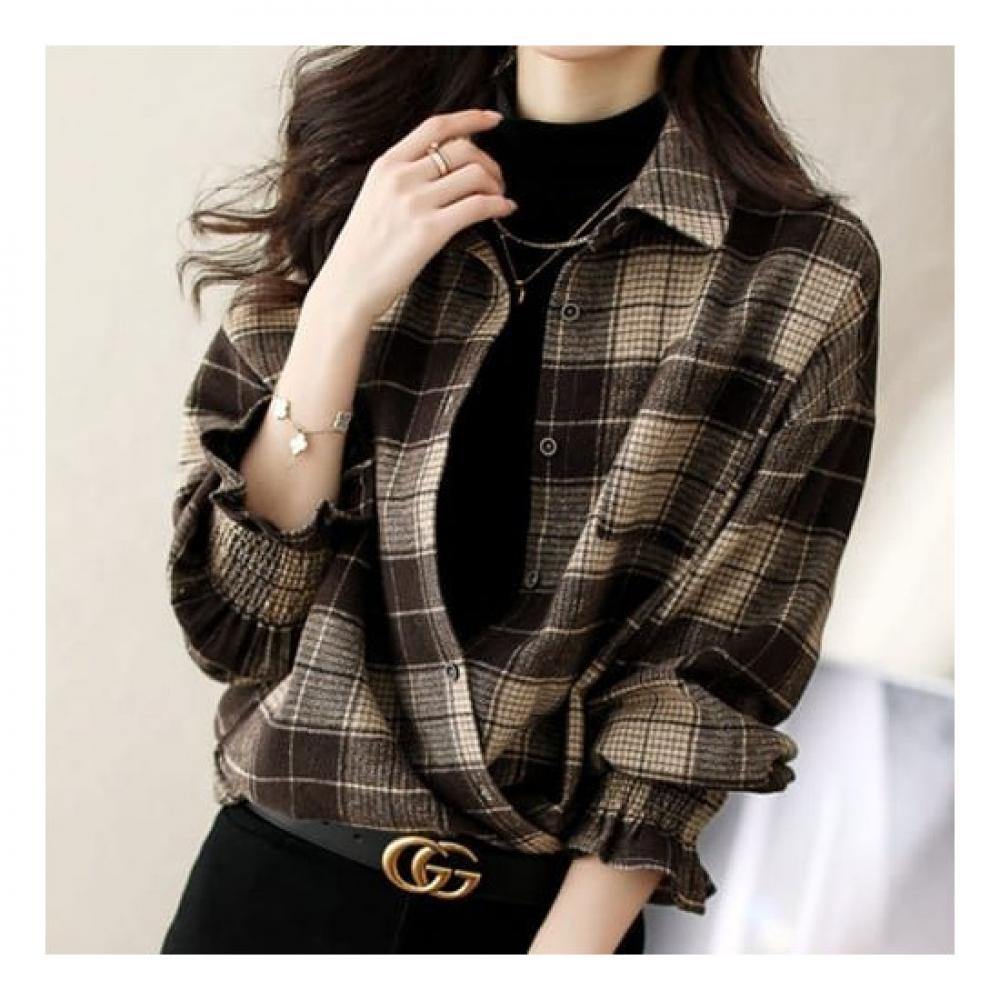 Navava Women Shirring Sleeve Long Sleeve Check Shirt Nb1760