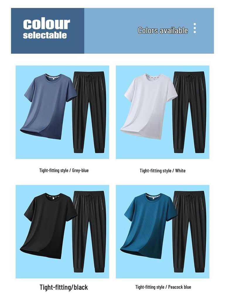 2026 Men's Summer Ice Silk Casual Round Neck Short Sleeve & Long Pants Set
