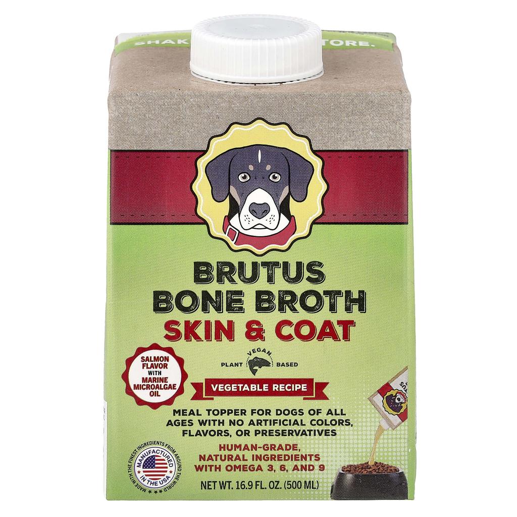 Brutus Bone Broth, Skin & Coat, Veggie Recipe, For Dogs of All Ages, Salmon, 500 ml (16.9 fl oz)