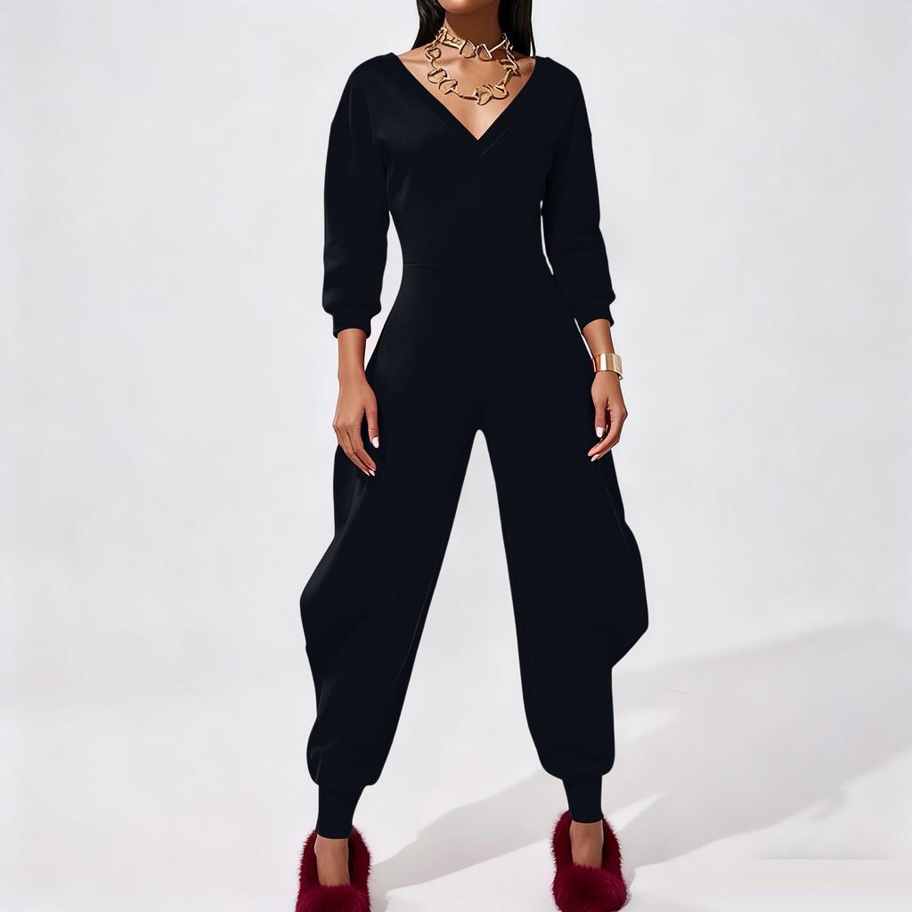 Damen einfarbiger Jumpsuit Schlaghose eng V-Ausschnitt sexy langärmliger Jumpsuit
