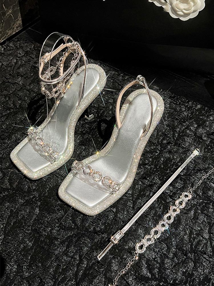 Starry Sky Rhinestone Stiletto High Heels - Versatile Sexy One-Strap Summer Sandals for Women