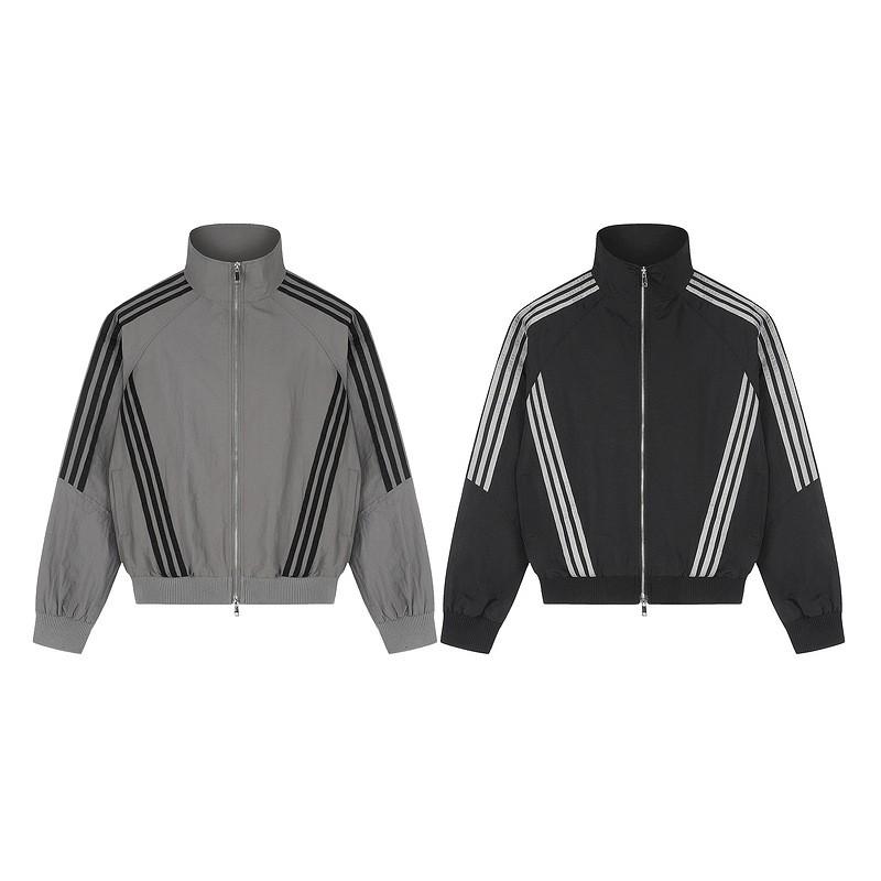 Unisex Retro Sporty Zip-Up Jacket With Stand Collar Triple Stripe Detail Loose Fit Nylon Outerwear