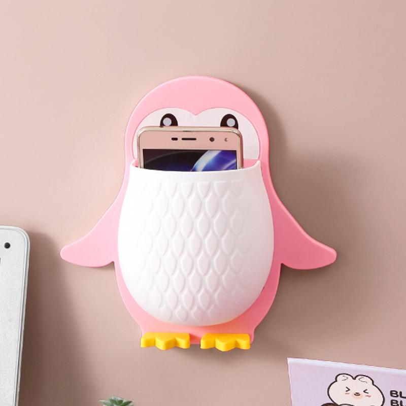Cute Cartoon Penguin Wall Mounted Storage Holder With No Drill Installation Perfect For Bathroom Toothbrush Toiletry Organizer