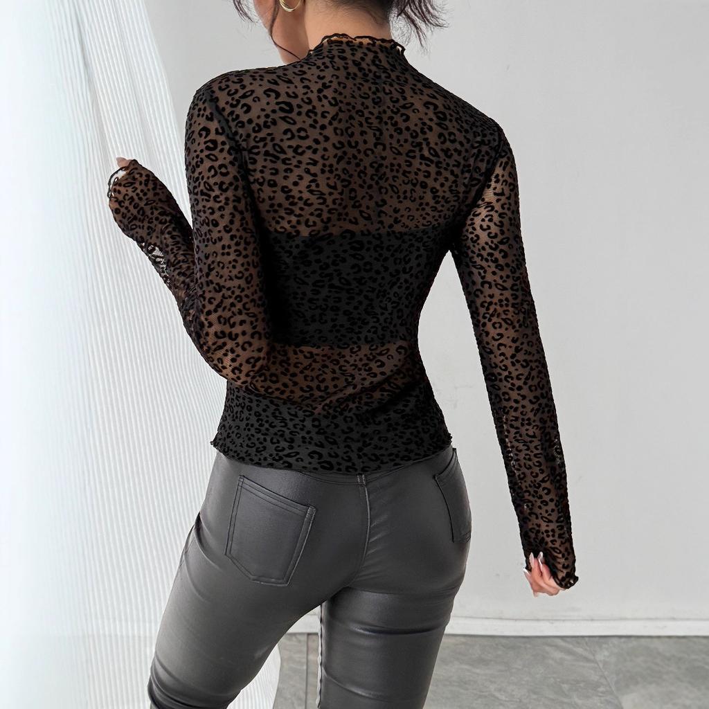 DAFIFY Women's Fashion Casual Spring Autumn Leopard Print Long Sleeve Half Turtleneck Blouses & Shirts