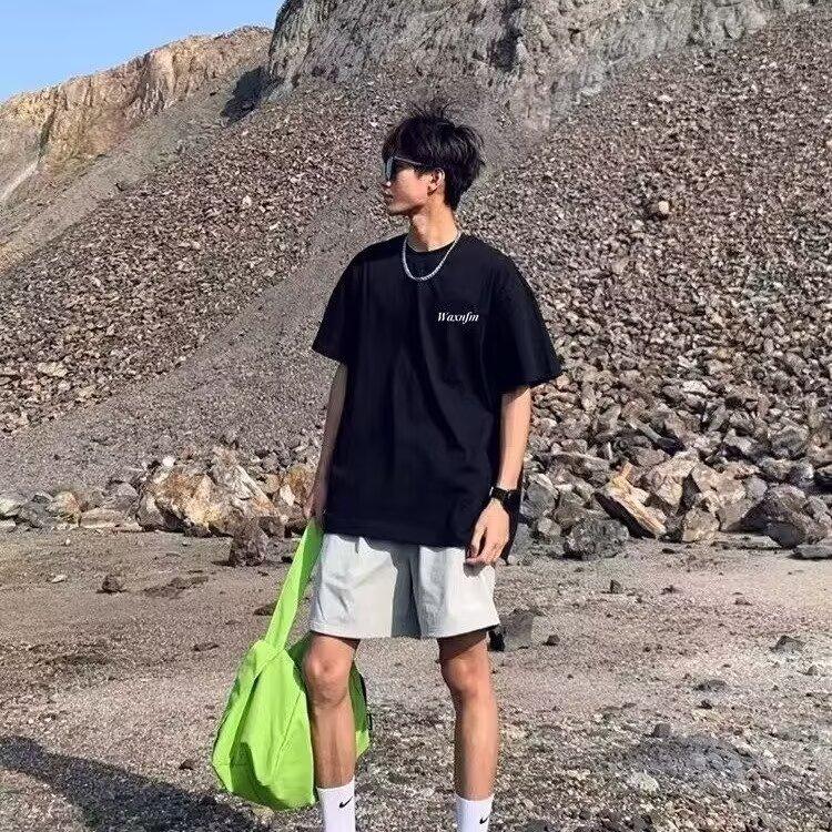 

Новая летняя футболка с короткими рукавами для мужчин, тренд в корейском стиле, простой топ с короткими рукавами, свободная повседневная брендовая футболка в гонконгском стиле 5XL чёрный