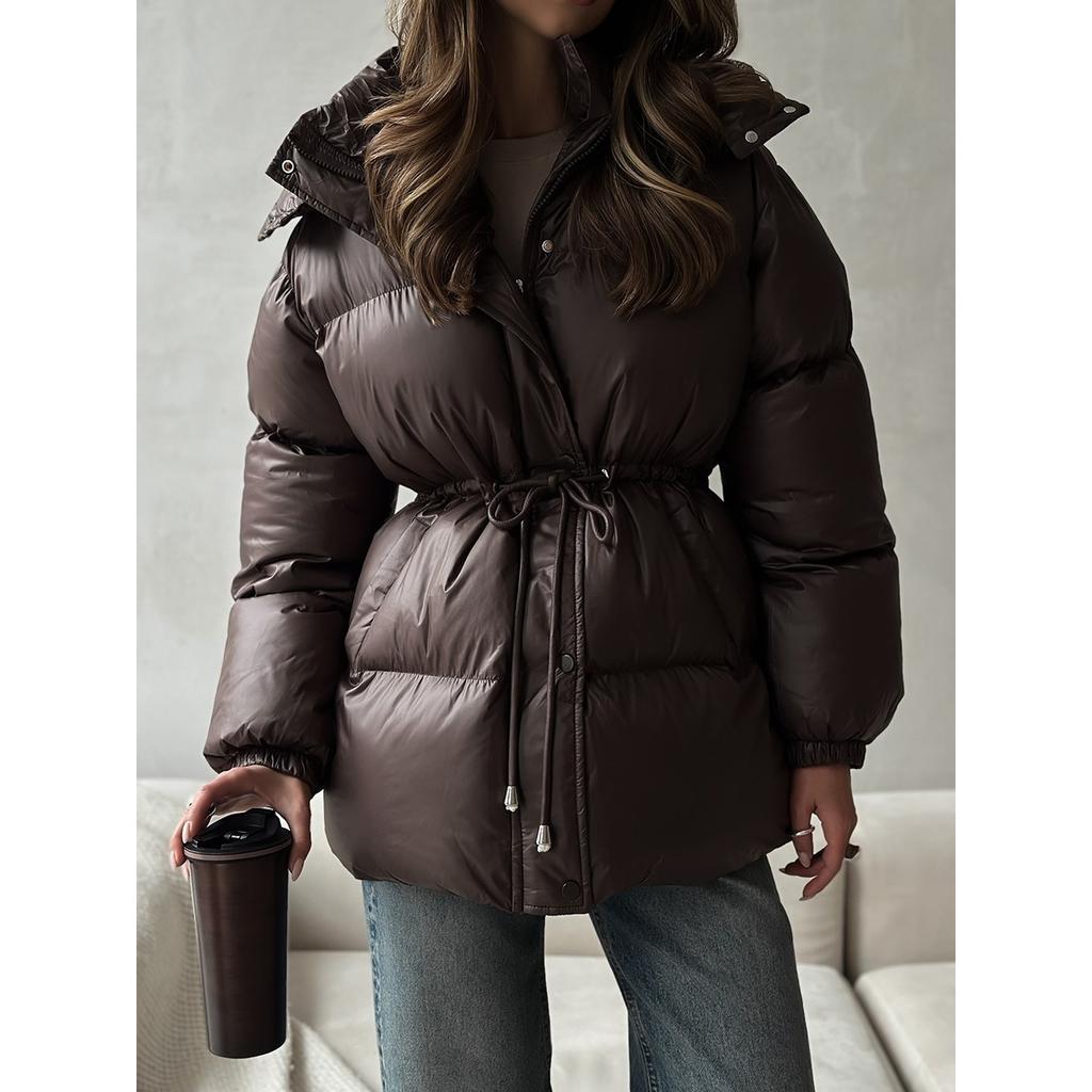 2025 Winter New Women's Drawstring Slim Fit Cotton Coat with Hood Zipper Warm Comfortable Outerwear for Europe and America