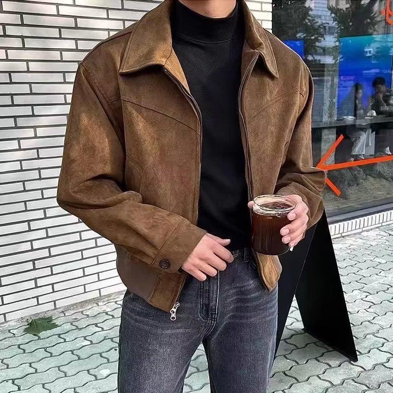 Elegant Solid Coat Men Spring Autumn Loose Lapel Zipper Short Jacket Vintage Streetwear Bomber Jacket