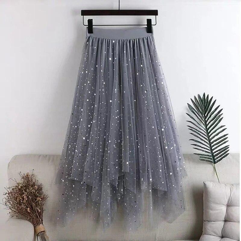 

Женская юбка-пачка из сетчатой ткани Fairy Star с пайетками, блестящая длинная юбка-трапеция из тюля с эластичной резинкой на талии One Size серый