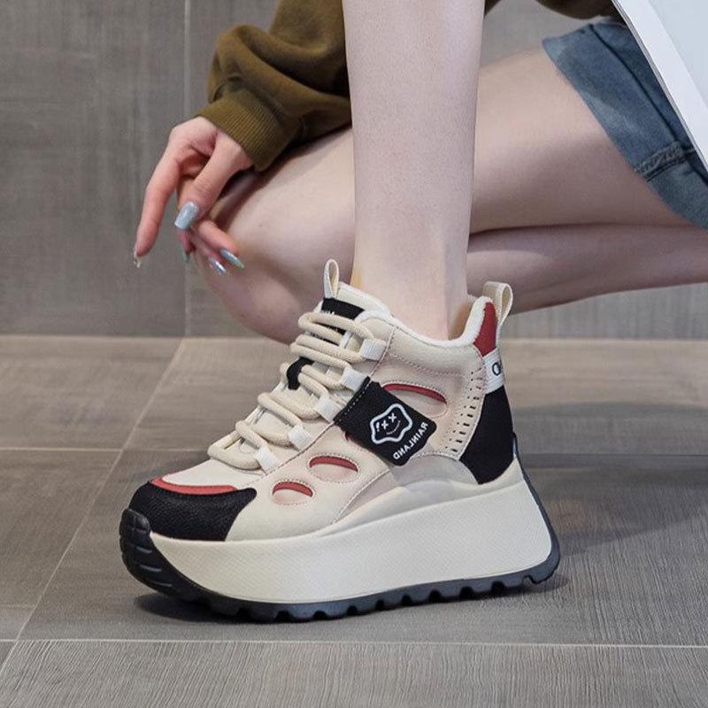 High-top Casual Sports Shoes for Women's Autumn and Winter New Thick-soled Heightening Small Color Matching Velvet Thickened Dad Shoes