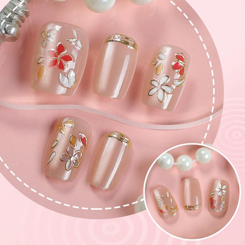 Gold-Plated Cat Eye Nail Tips - European Style, Short, Painted Petals, High-End Feel, 30 pcs