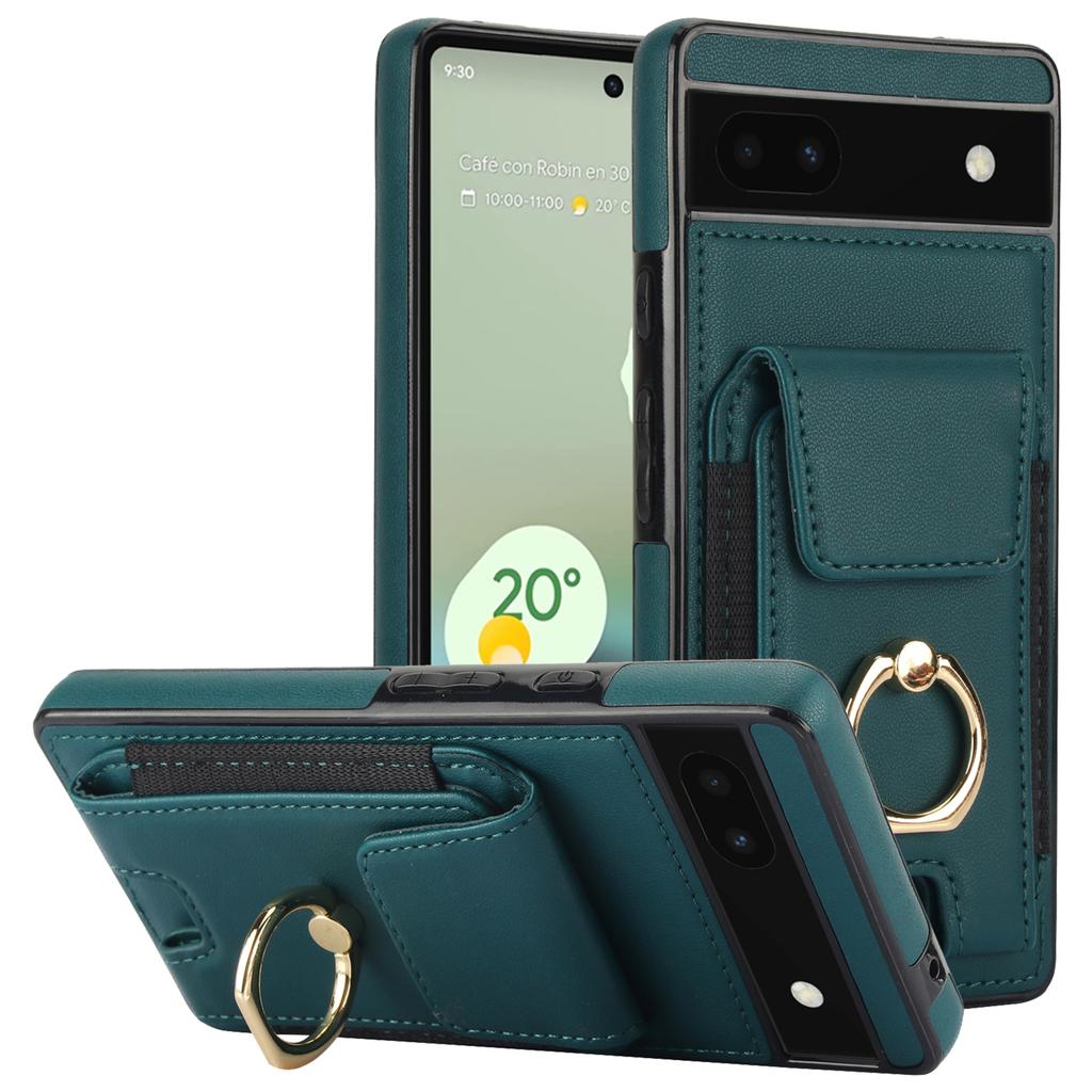 For Google Pixel 6a Phone Case PU Leather+TPU Card Holder Cover with Ring Holder