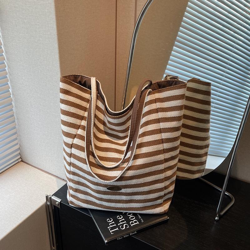 Summer striped canvas bag women's new double-sided shoulder underarm tote bag Korean portable shopping bag