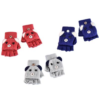 Knitted Gloves Cartoon Dog Half Finger Gloves with Flip Top Soft Elastic Winter Gloves Stretchy Glove for Children