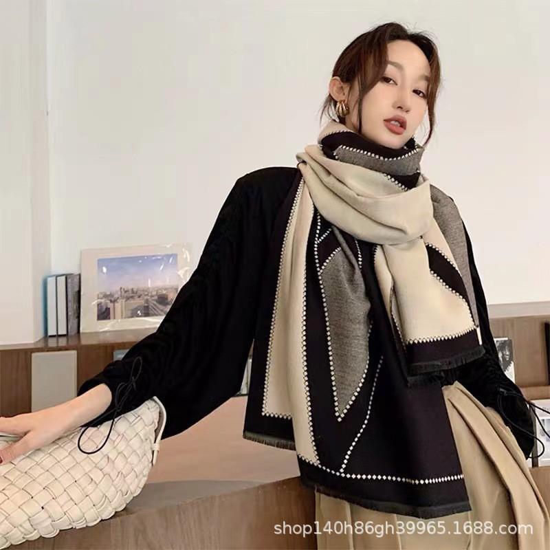 Premium Double-Sided Jacquard Houndstooth Scarf Wrap Women Winter Fall Warm Cotton Blend Shawl 185x70cm