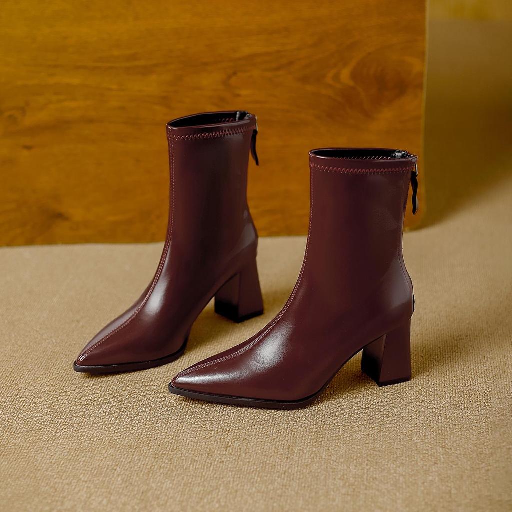 Winter 2025 Fashion: Women's Pointed Toe Chunky Heel Ankle Boots - Soft Leather, Comfy, Elastic Fit with Back Zipper