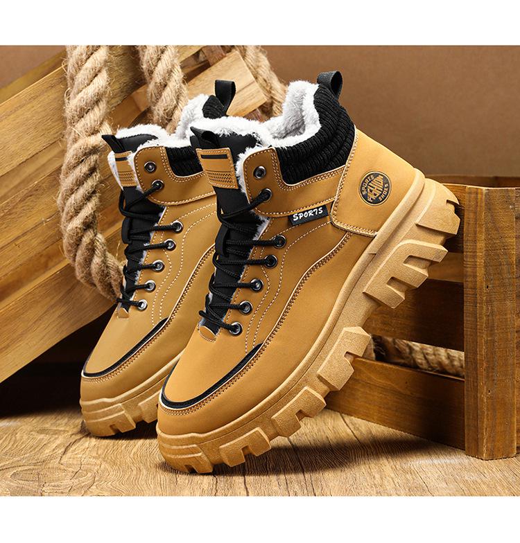 Men's High-Top Martin Boots - Velvet Winter Work Shoes, Retro Style with Thick Soles and Warm Cotton Lining.