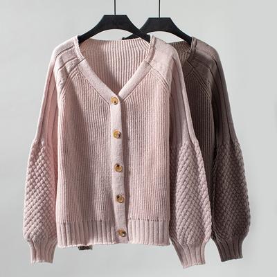 Women's V-neck Single-breasted Knitwear Sweater Solid Color Loose Balloon Sleeve Sweater